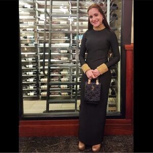 Fashion Nova Black Maxi Dress with Gold Beaded Collar and Cuffs